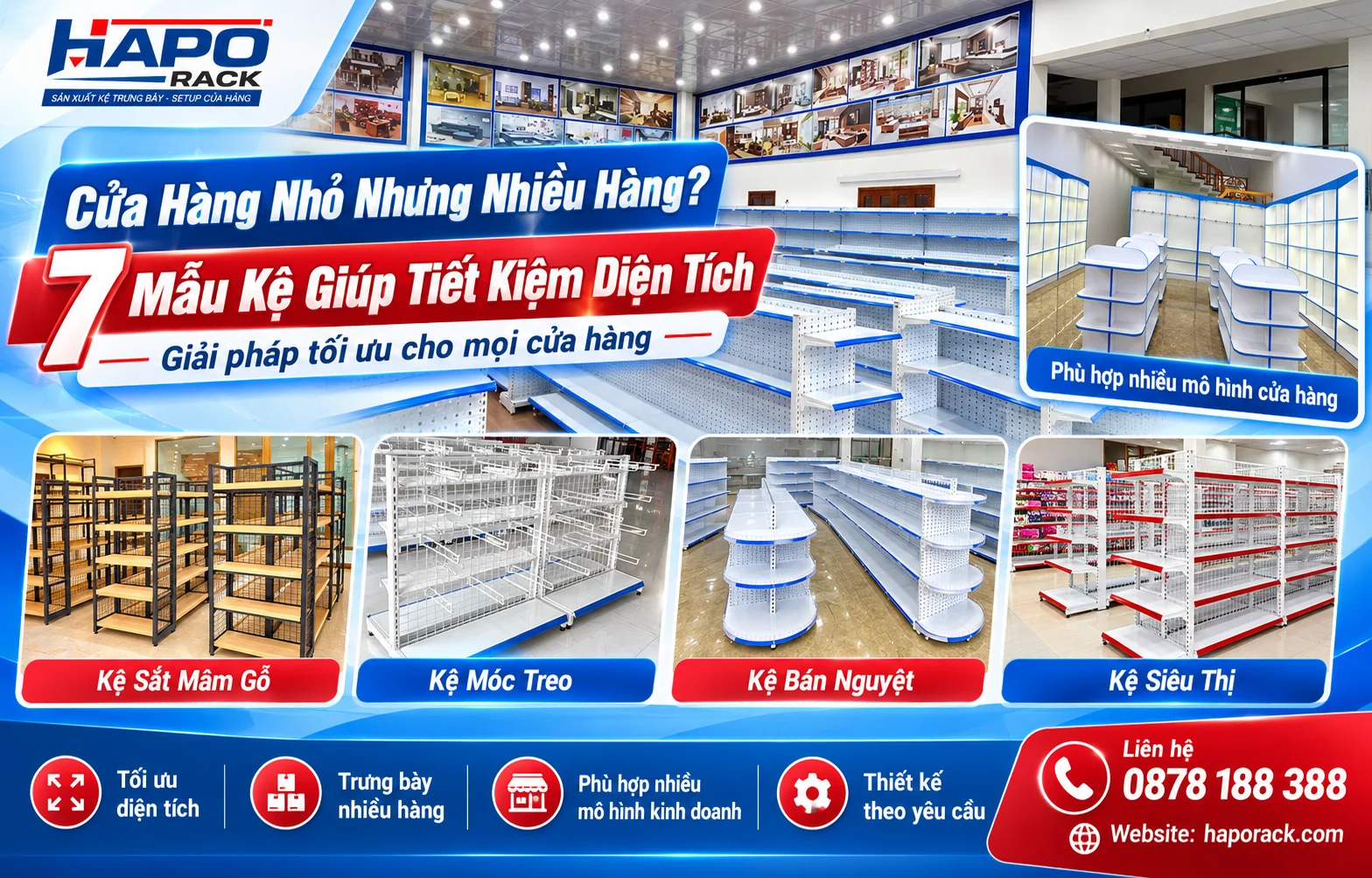 Kệ trưng bày cửa hàng nhỏ giúp tối ưu diện tích và sắp xếp hàng hóa gọn gàng.