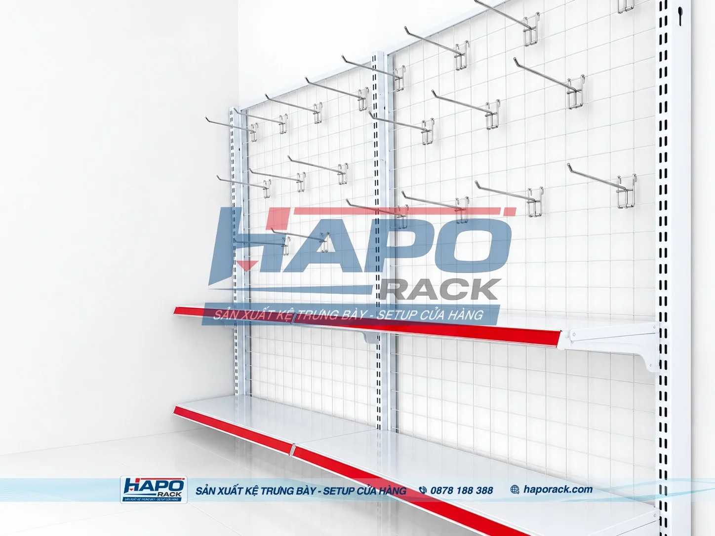 Kệ trưng bày cửa hàng nhỏ giúp tối ưu diện tích và sắp xếp hàng hóa gọn gàng.