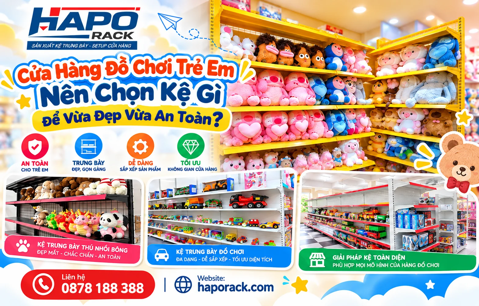 Kệ trưng bày đồ chơi trẻ em thiết kế đẹp, hiện đại và tối ưu diện tích cửa hàng.