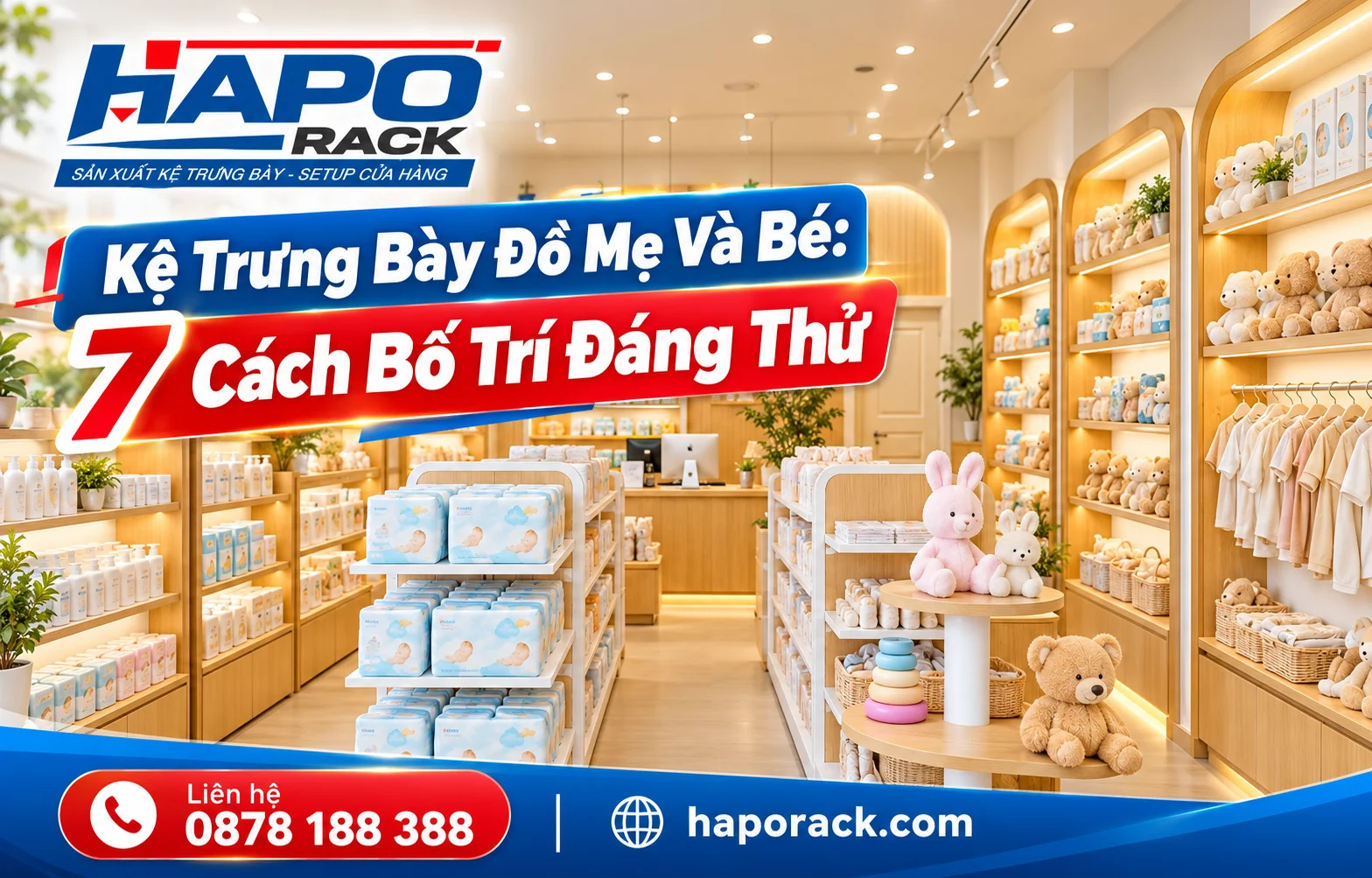 Kệ trưng bày đồ mẹ và bé đẹp giúp cửa hàng gọn gàng và chuyên nghiệp