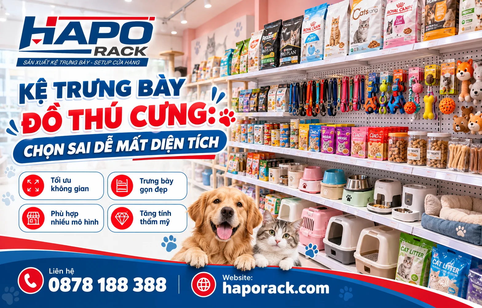 Kệ trưng bày đồ thú cưng đẹp giúp cửa hàng gọn gàng và chuyên nghiệp
