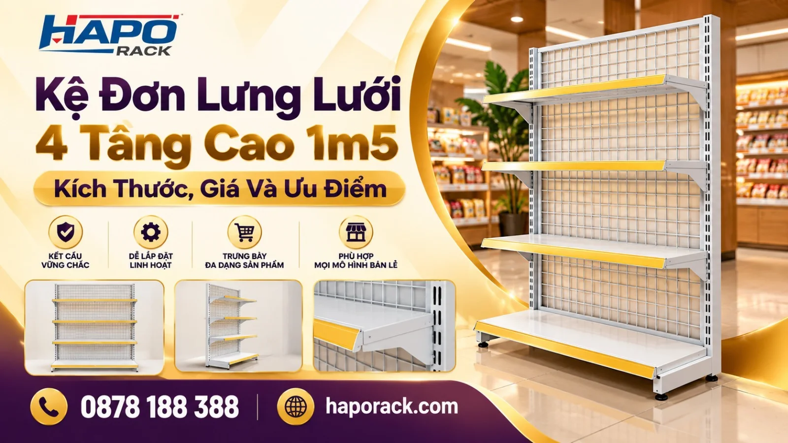 Kệ Trưng Bày Đơn Lưng Lưới 4 Tầng Cao 1m5 – Giá Và Kích Thước