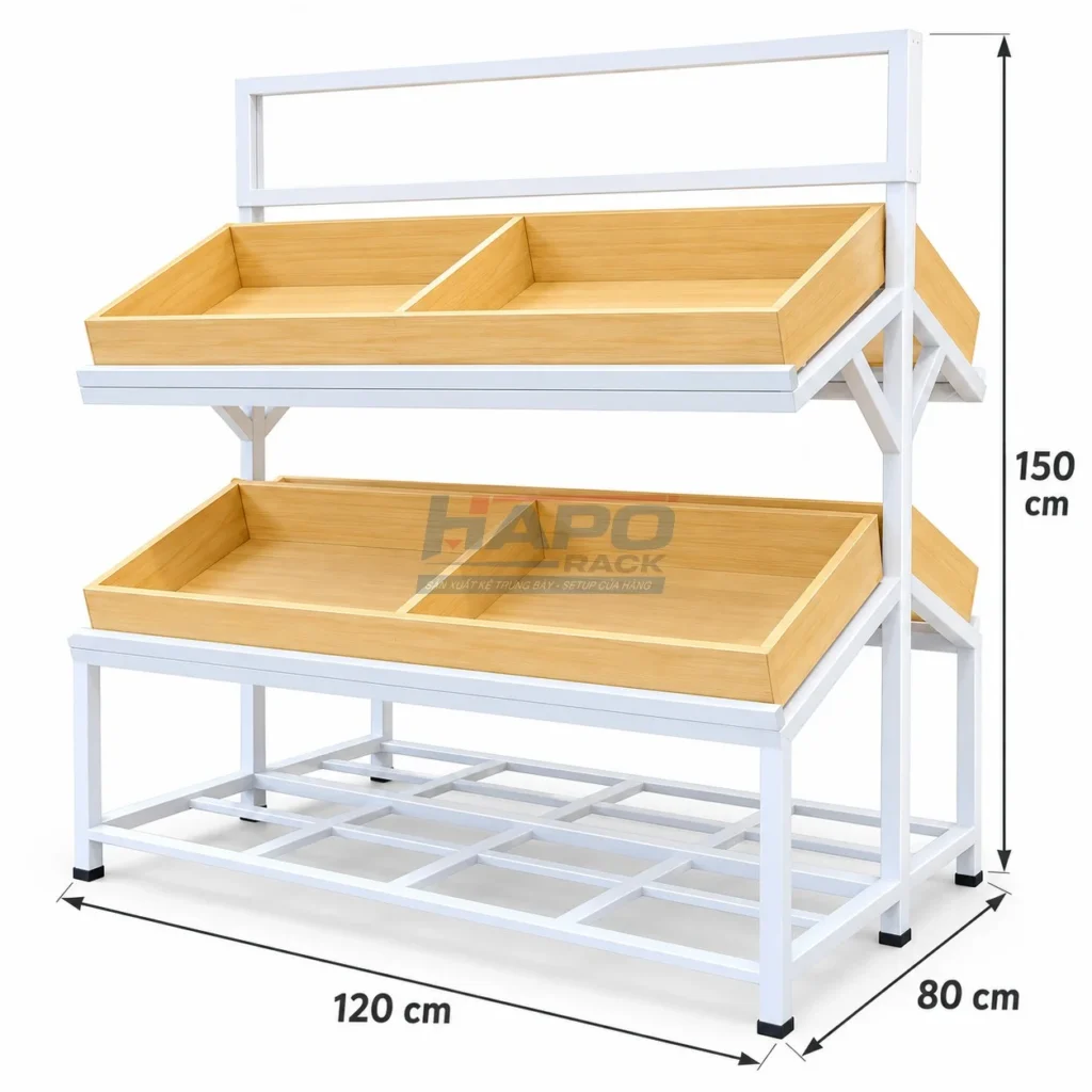 Thông số Kệ Gỗ Khung Sắt Trưng Bày Rau Củ Quả