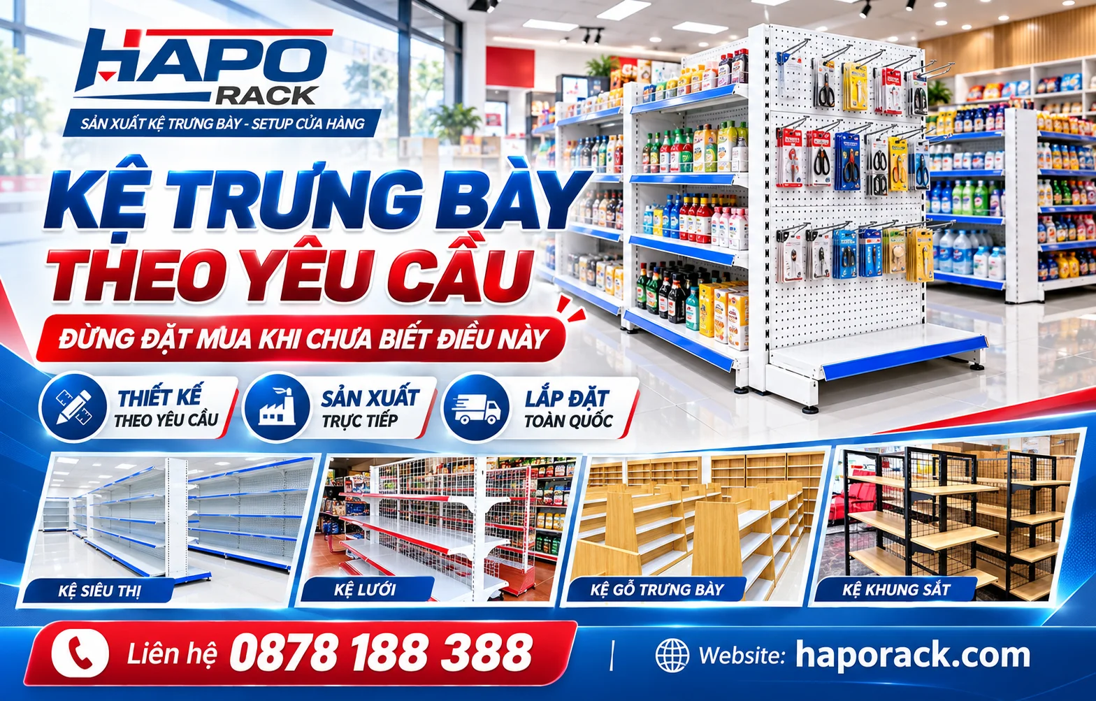 Kệ trưng bày theo yêu cầu thiết kế hiện đại, tối ưu diện tích cửa hàng.
