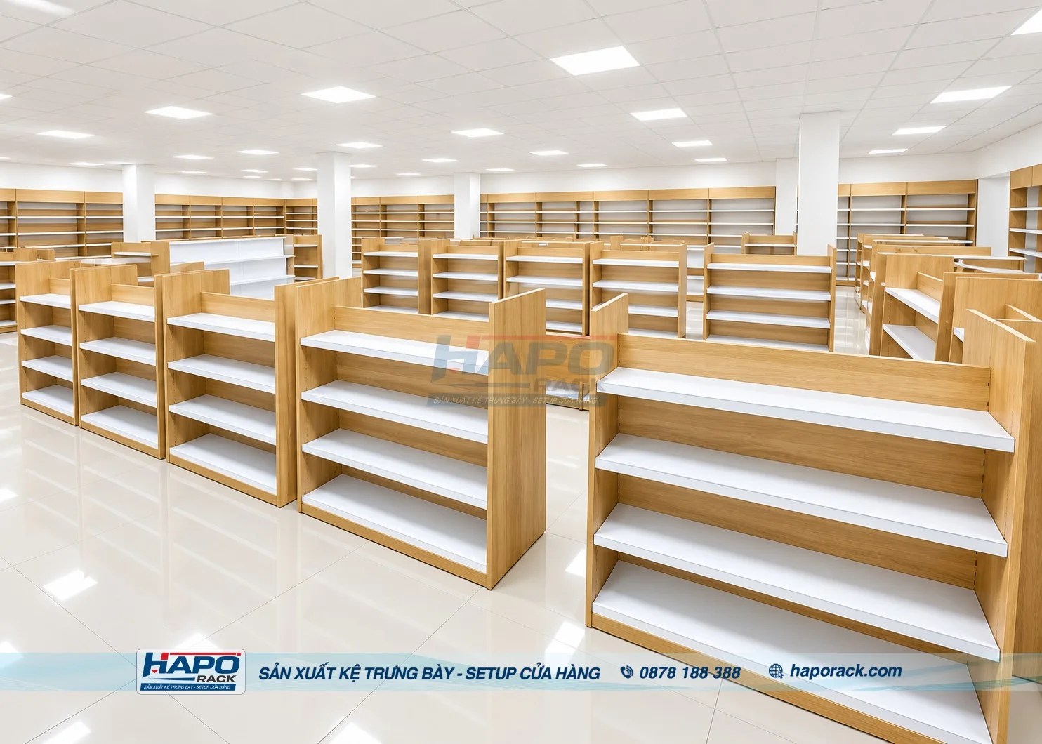 Kệ trưng bày theo yêu cầu với kiểu dáng độc đáo, dễ bố trí.