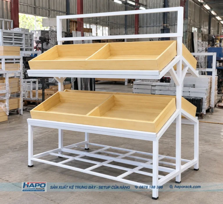 Kệ Gỗ Khung Sắt Trưng Bày Rau Củ Quả