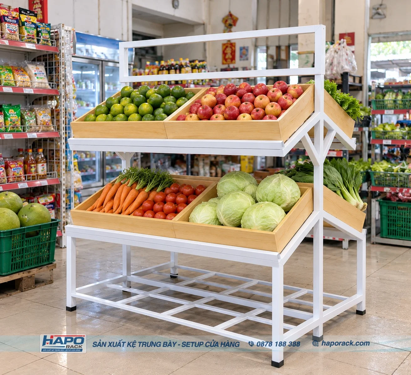 Kệ trưng bày trái cây bằng gỗ đẹp cho cửa hàng