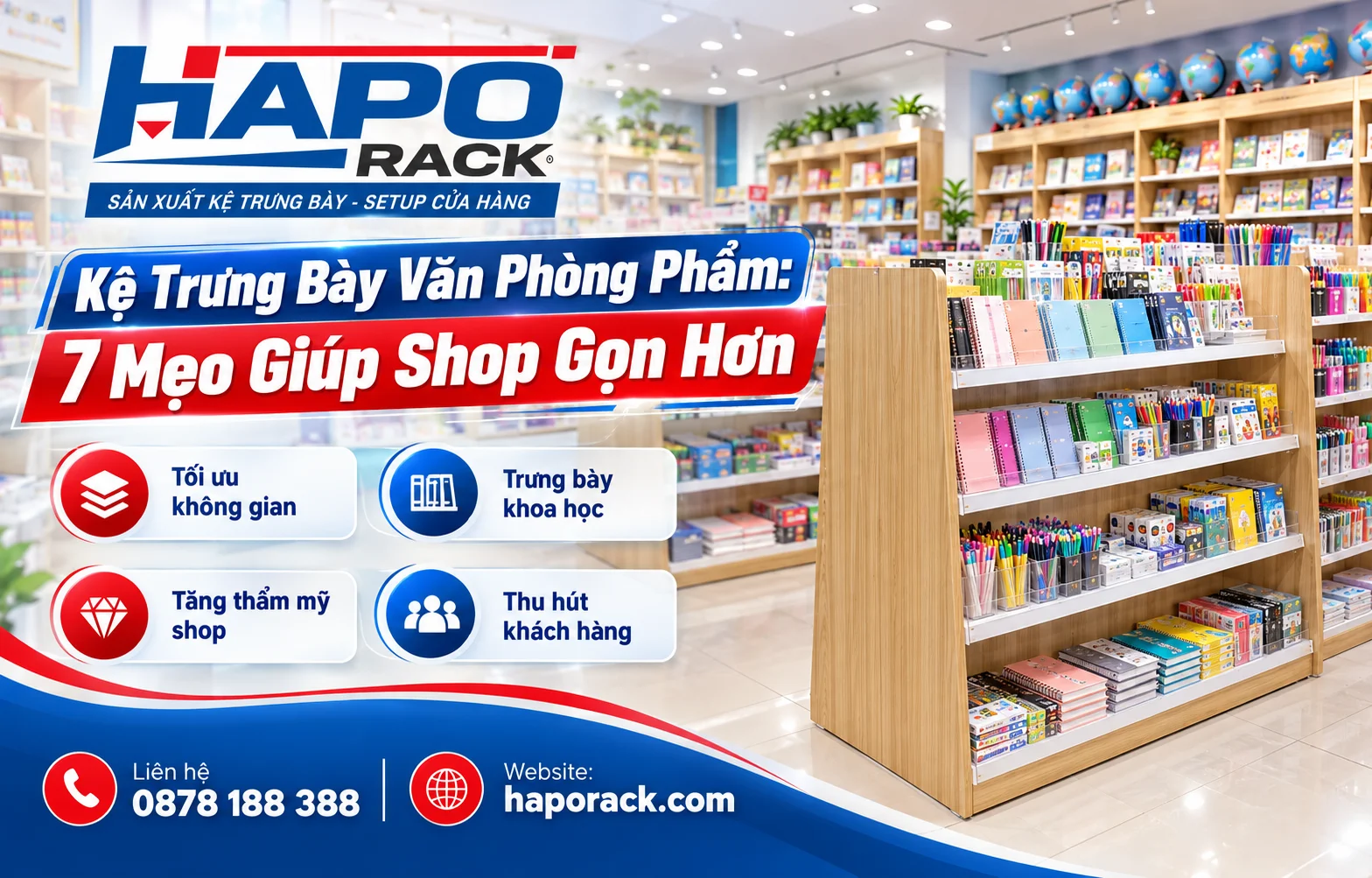 Kệ trưng bày văn phòng phẩm đẹp giúp cửa hàng gọn gàng và chuyên nghiệp