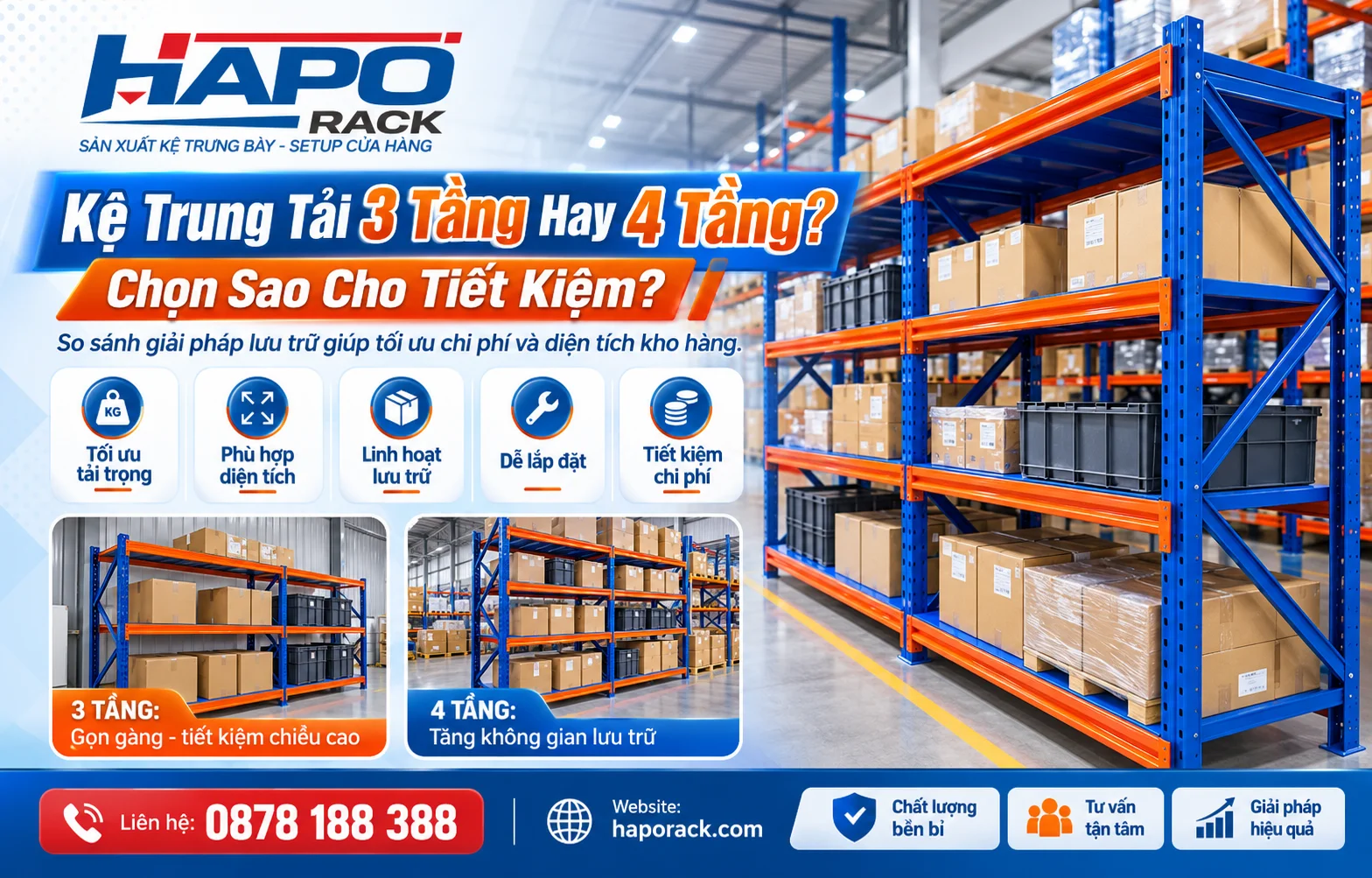 Kệ trung tải 3 tầng Haporack thiết kế chắc chắn cho kho hàng