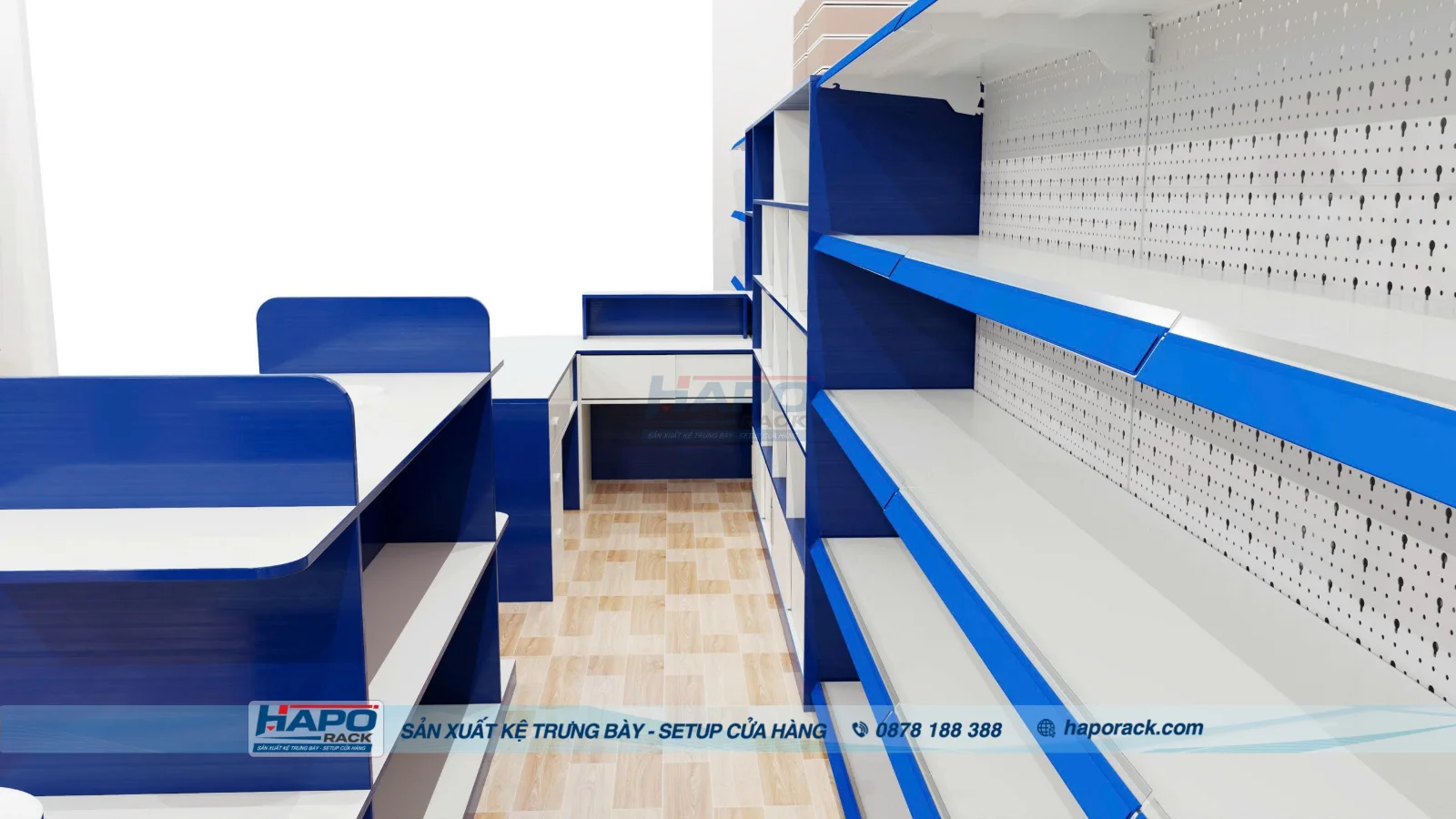 không gian nội thất nhà thuốc tông trắng xanh