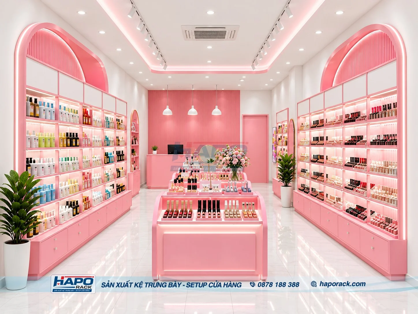 Mẫu kệ gỗ trưng bày áp tường thiết kế gọn gàng cho cửa hàng hiện đại.