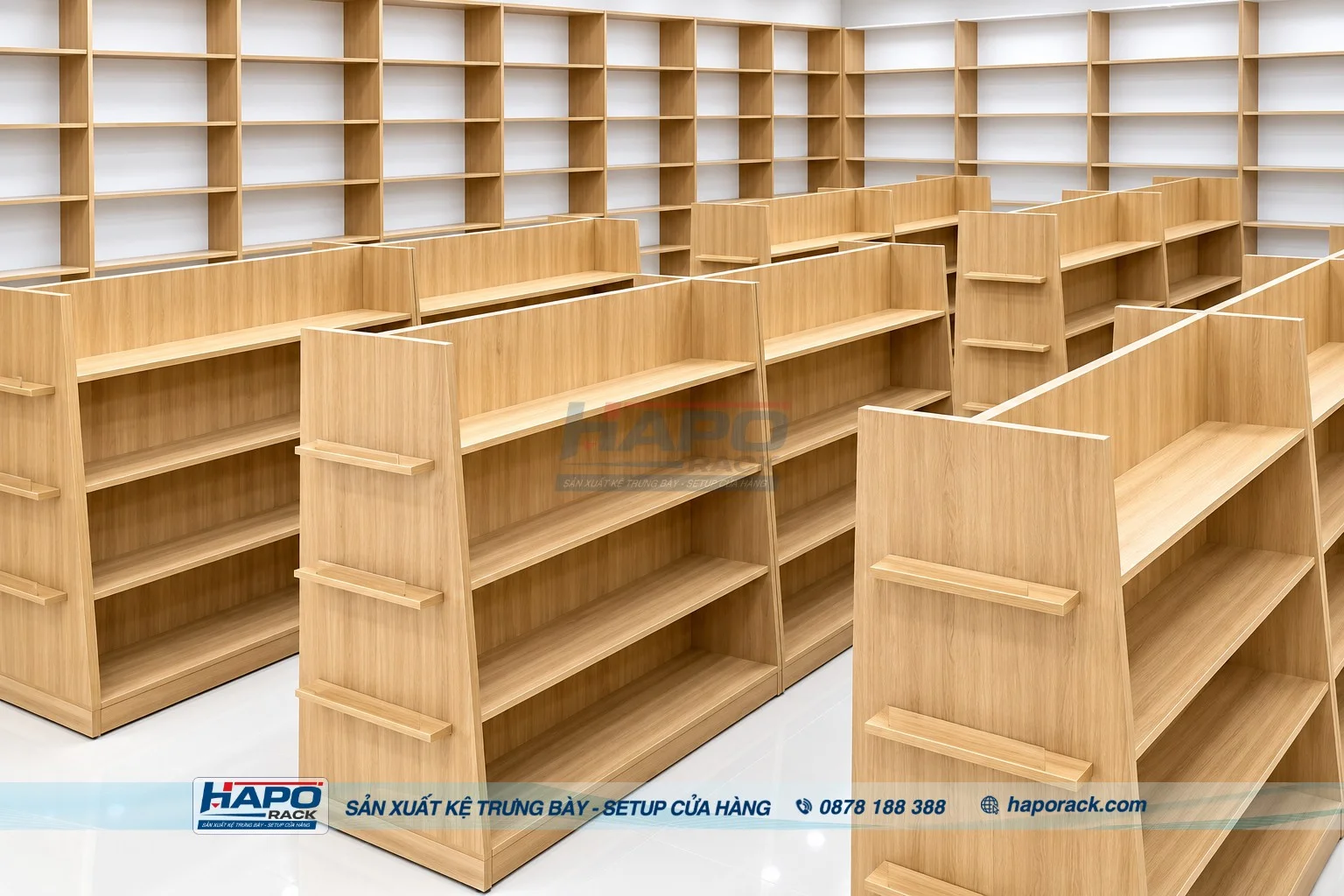 Mẫu kệ gỗ trưng bày sản phẩm đẹp, phù hợp nhiều không gian cửa hàng.