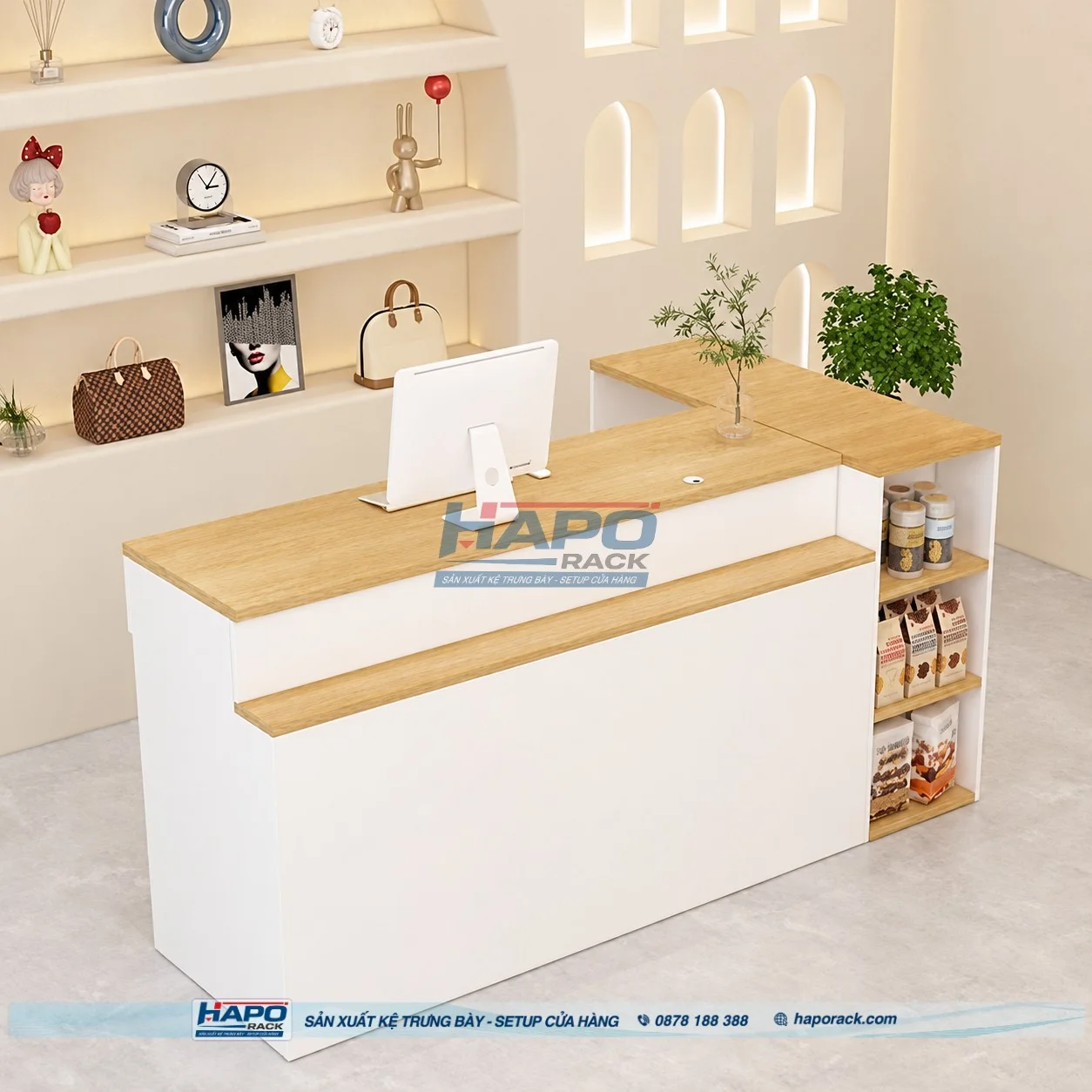Mẫu quầy thu ngân gỗ công nghiệp với kiểu dáng tối giản, đẹp mắt.