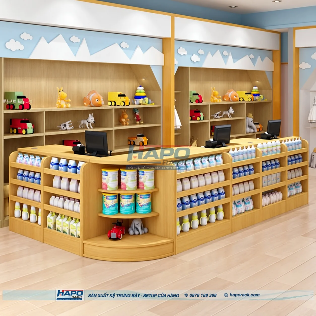 Quầy thu ngân gỗ kết hợp màu sắc hài hòa với hệ thống kệ trưng bày.