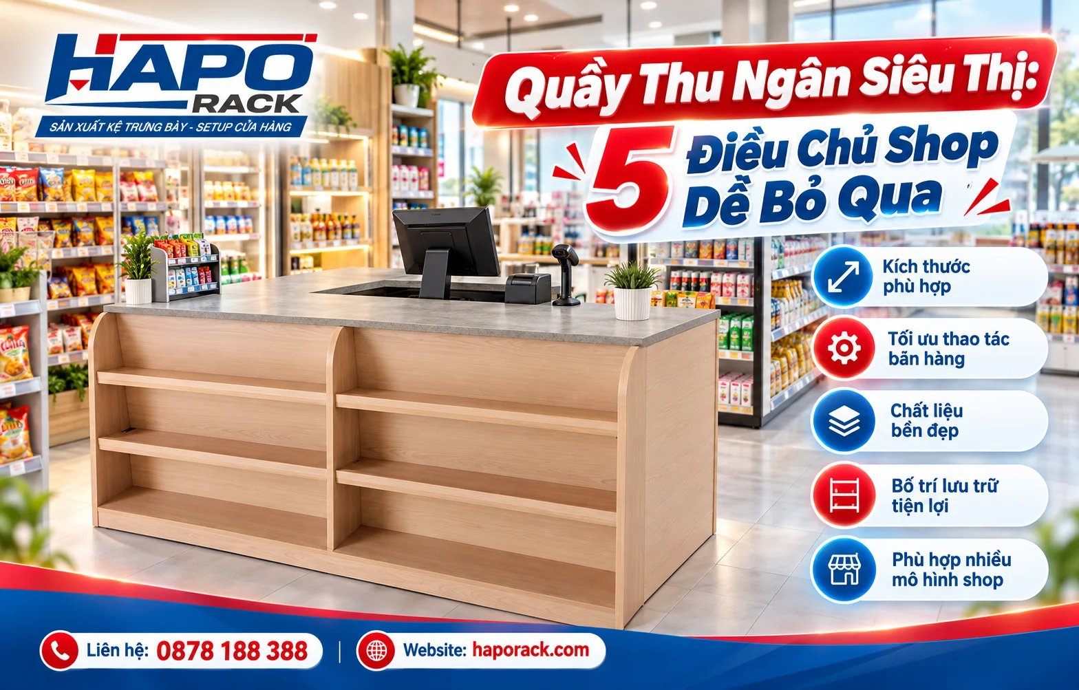Quầy thu ngân siêu thị hiện đại giúp tối ưu không gian bán hàng