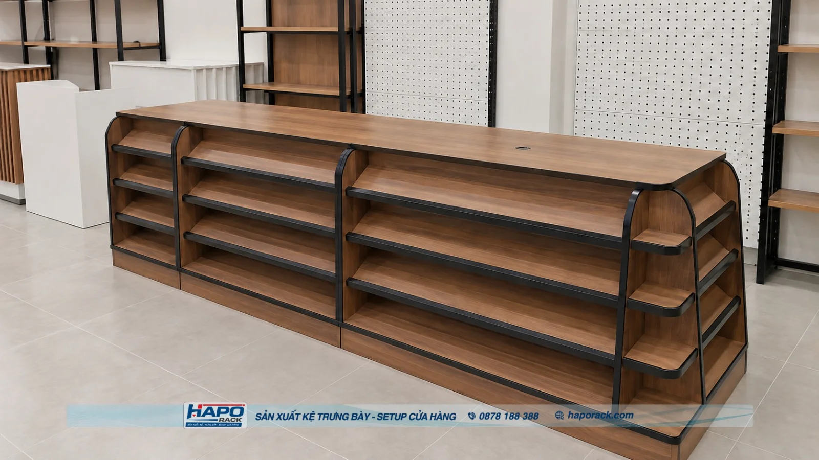 Quầy thu ngân vân gỗ cho siêu thị mini.