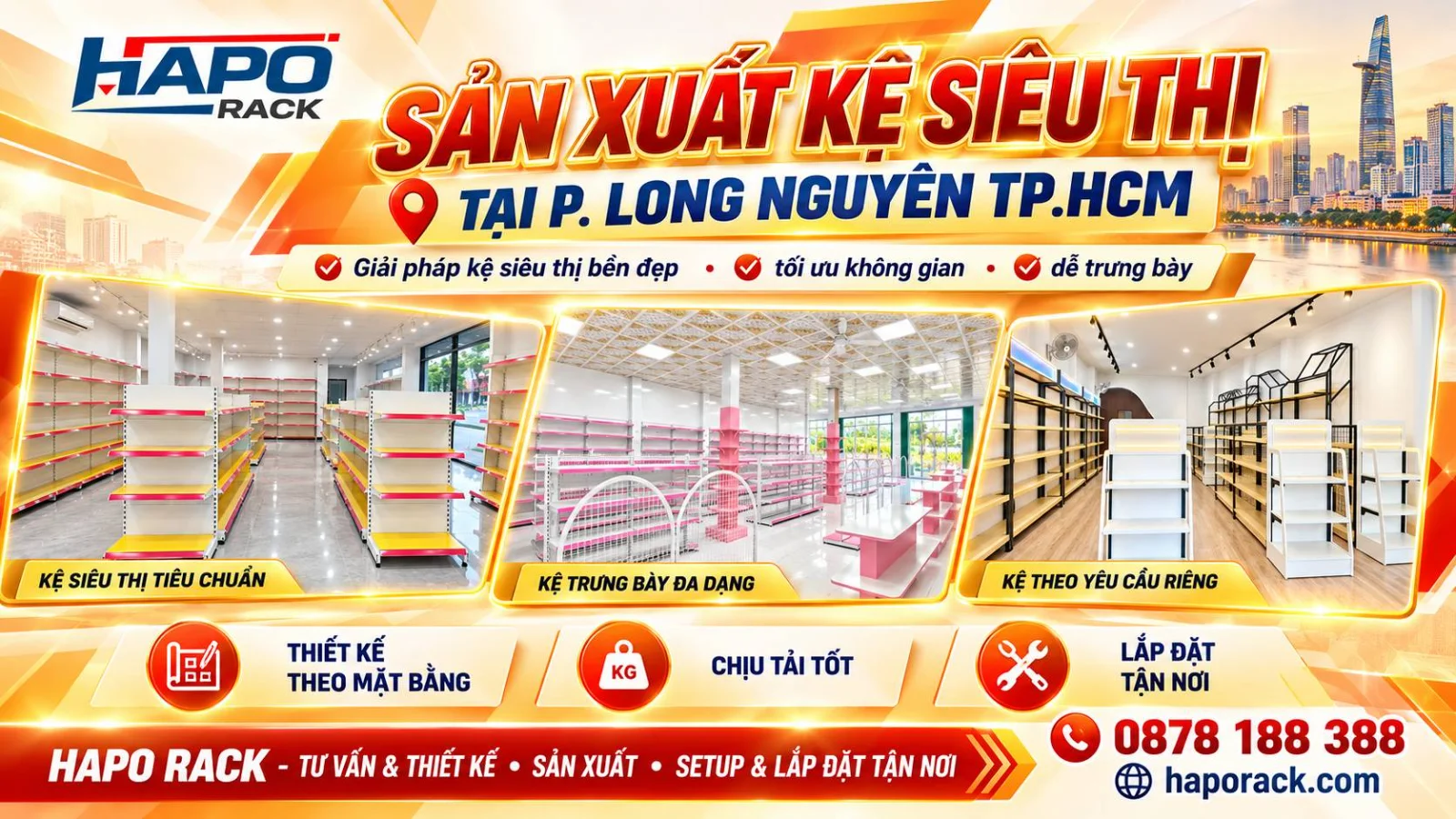 Sản Xuất Kệ Siêu Thị Tại Phường Long Nguyên TP.HCM – Lắp Đặt Tận Nơi