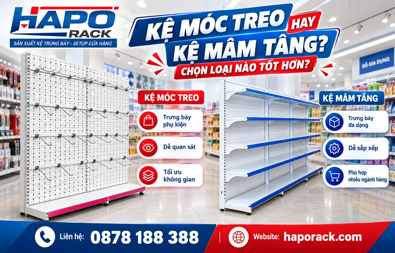 So sánh kệ móc treo và kệ mâm tầng trong trưng bày hàng hóa