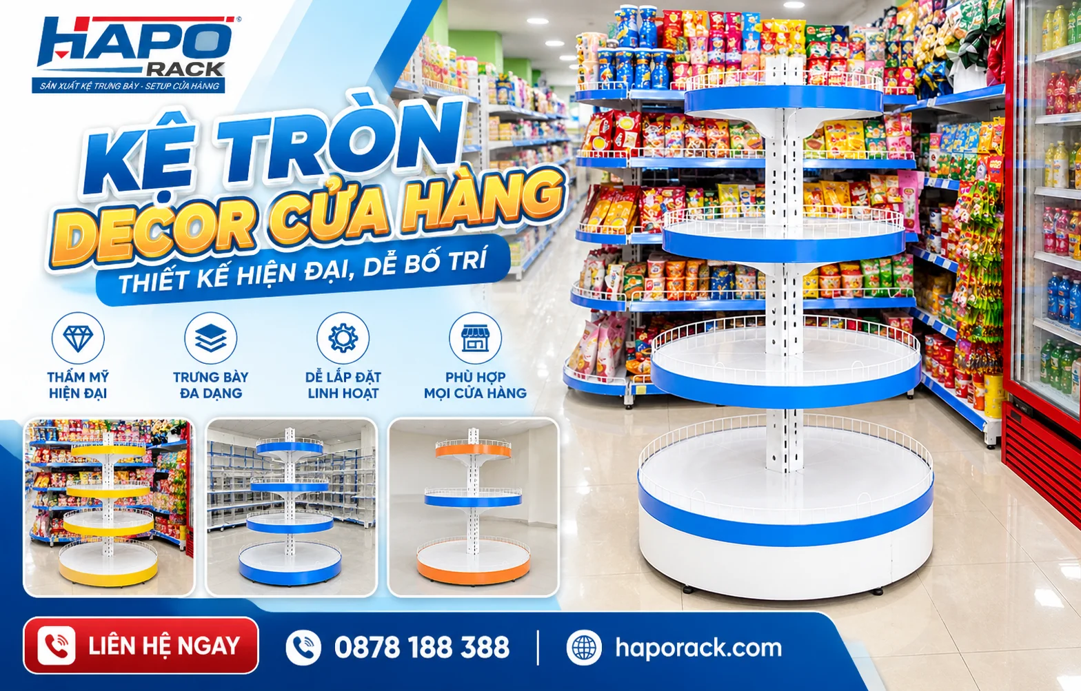 Thiết kế kệ tròn trang trí cửa hàng hiện đại, sang trọng và tiện dụng.