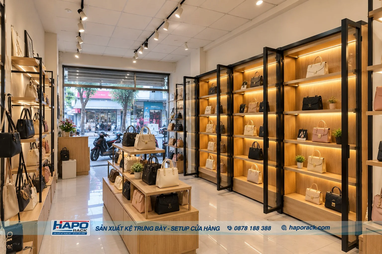 Tủ kính trưng bày khung sắt đen